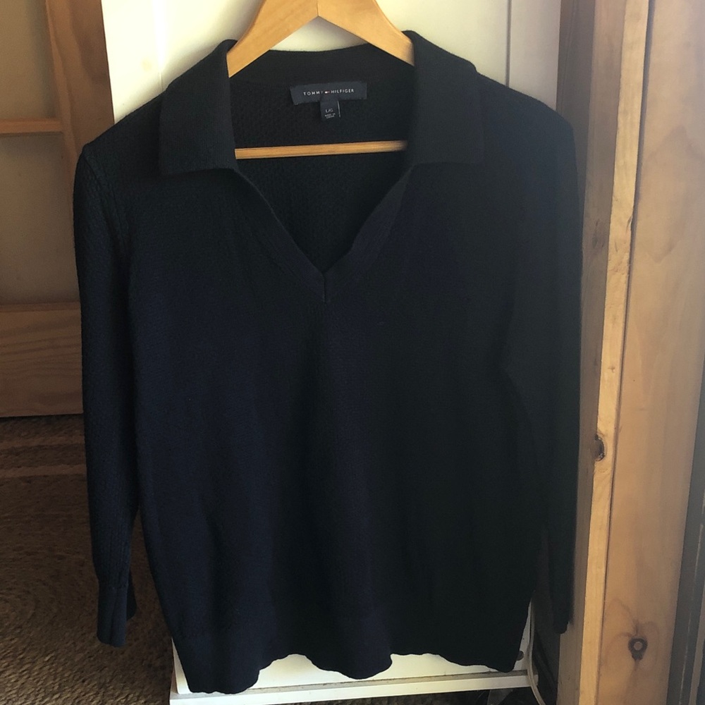 Tommy Hilfiger Navy Blue V-Neck Polo Sweater